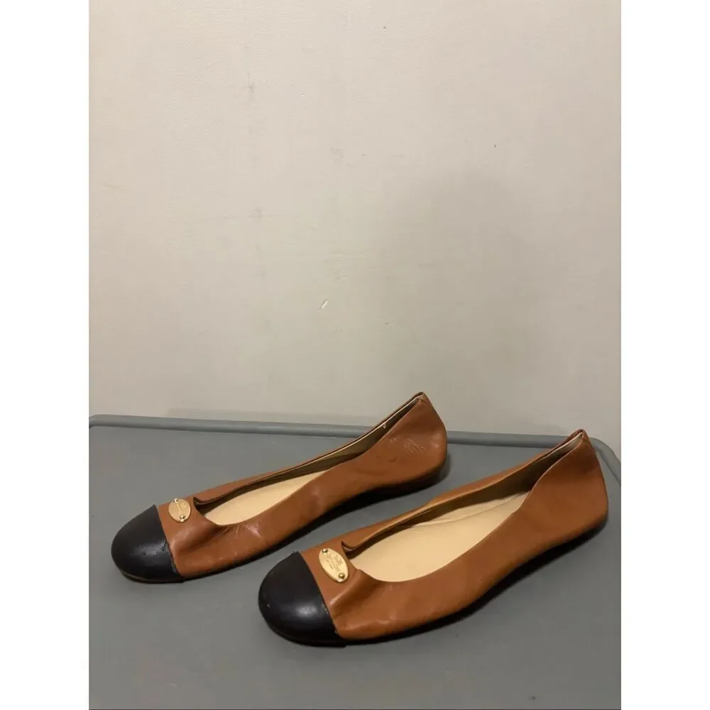 Coach 100% Leather New York Brown Black Tip Ballet Flats Slip On Shoes Women's 9